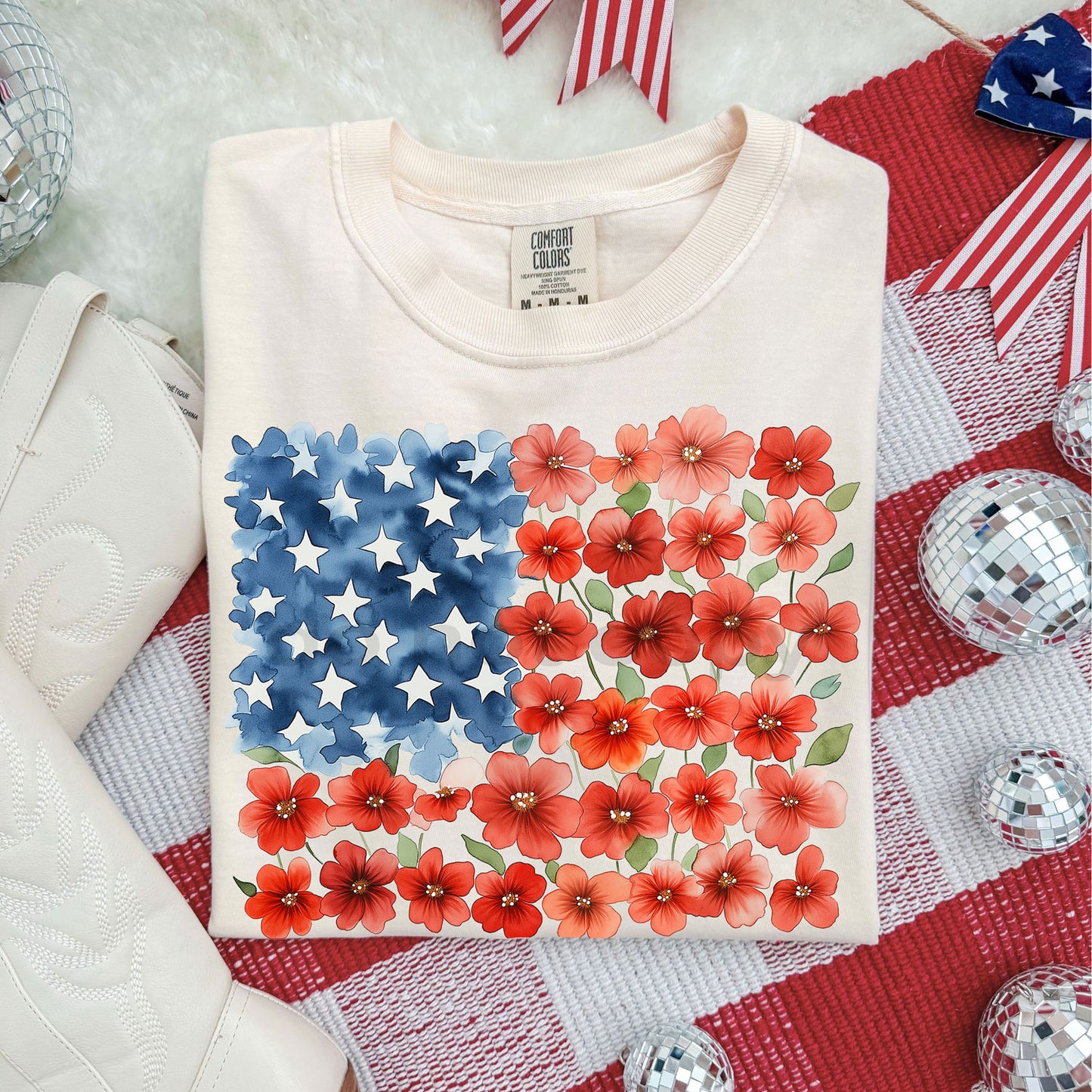 Foral Watercolor American Flag Tee