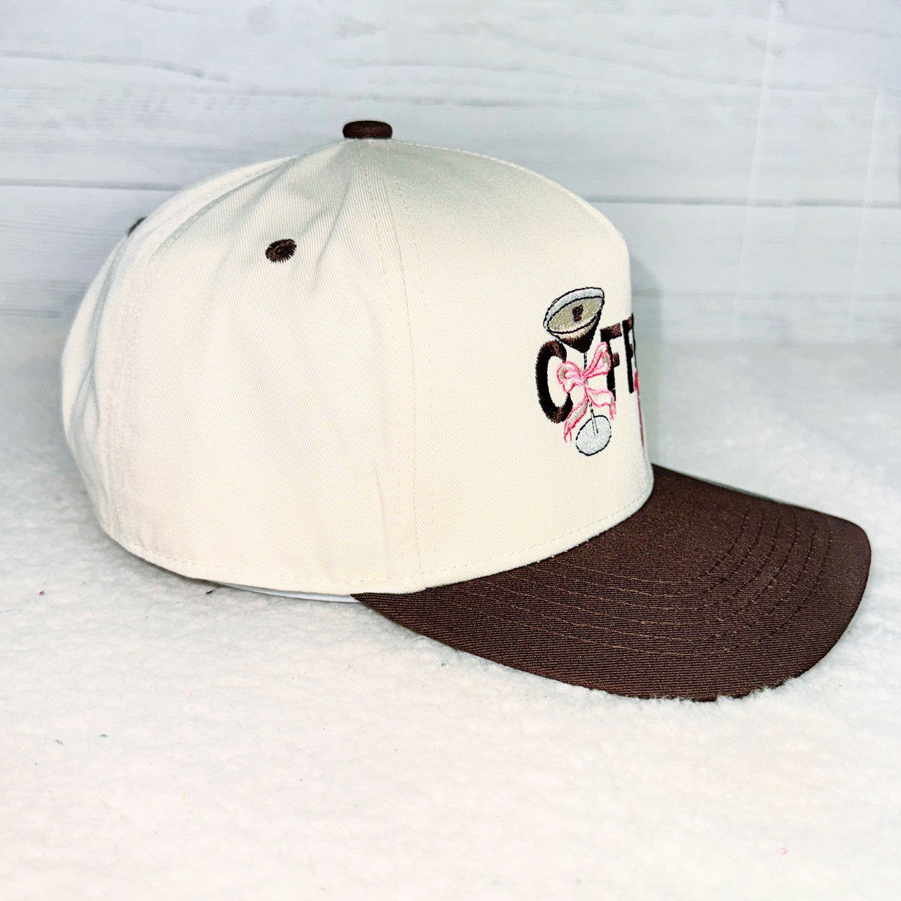 Caffeine Queen Embroidered Tan and Brown Trucker Hat