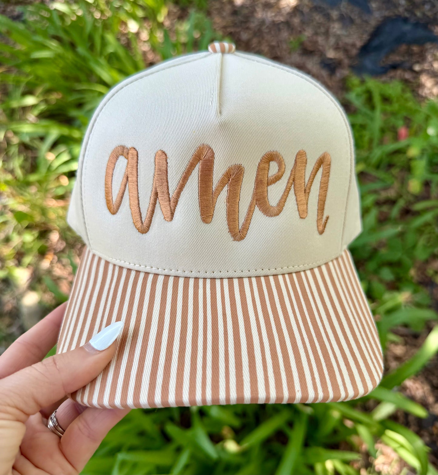 Amen Embroidered Stripe Trucker Hat | Neutral Faith Hat