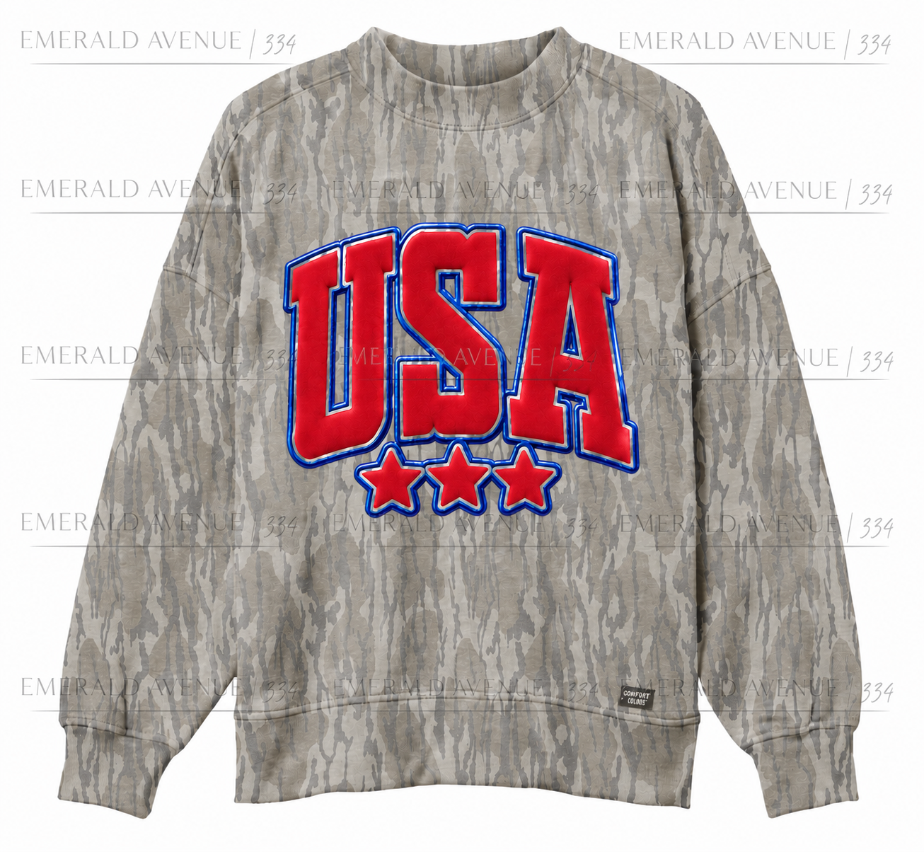 Authentic Mossy Oak® Mock Neck USA Puff Sweatshirt | Red Puff + Metallic Blue PREORDER