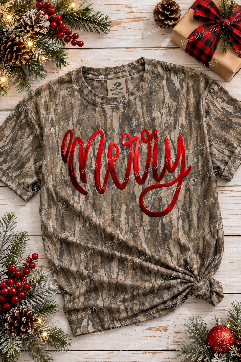 Merry Metallic Puff Mossy Oak Tee | Authentic Bottomland Christmas Tee