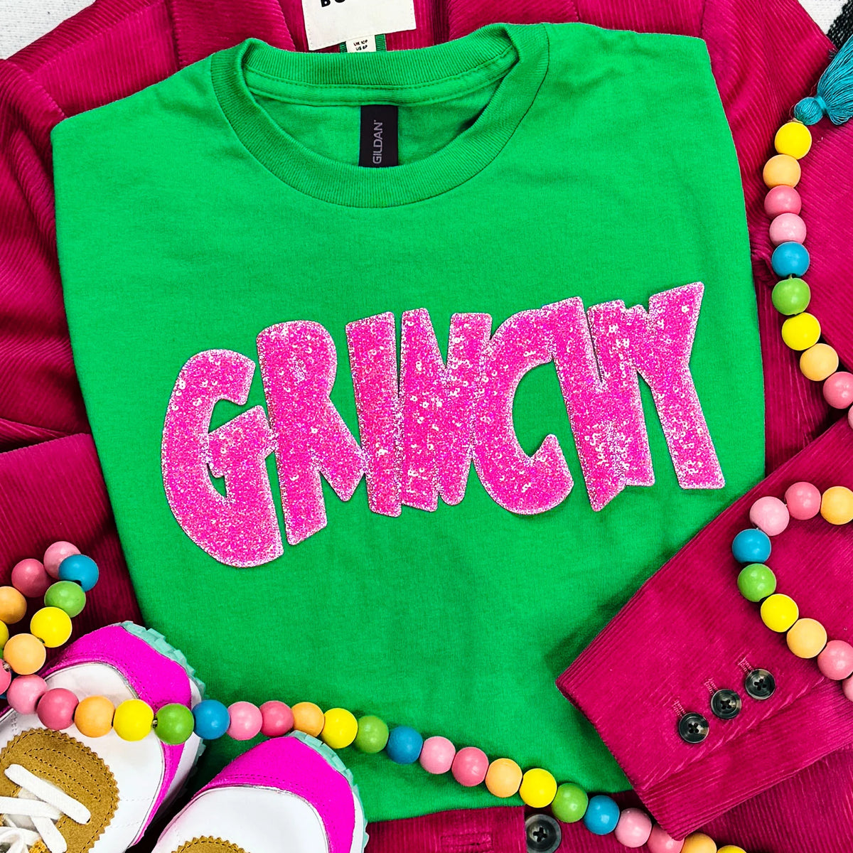 Pink Sequin Patch Christmas Tee | Green Holiday T-Shirt | Adult & Youth Sizes