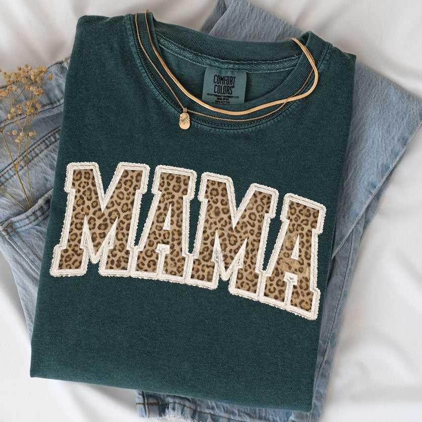 Faux Embroidered Mama Leopard Tee