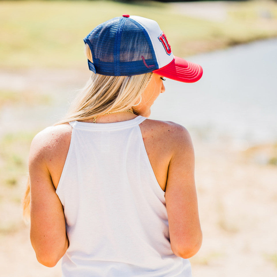 USA in Red Chenille with Blue Glitter on Foam Trucker Hat
