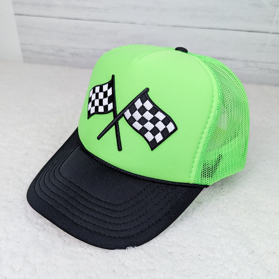 Embroidered Checkered Flags Patch Full Neon Trucker Cap