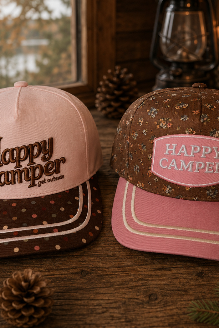 PREORDER - Happy Camper Trucker Hat | Floral Outdoor Snapback Hat