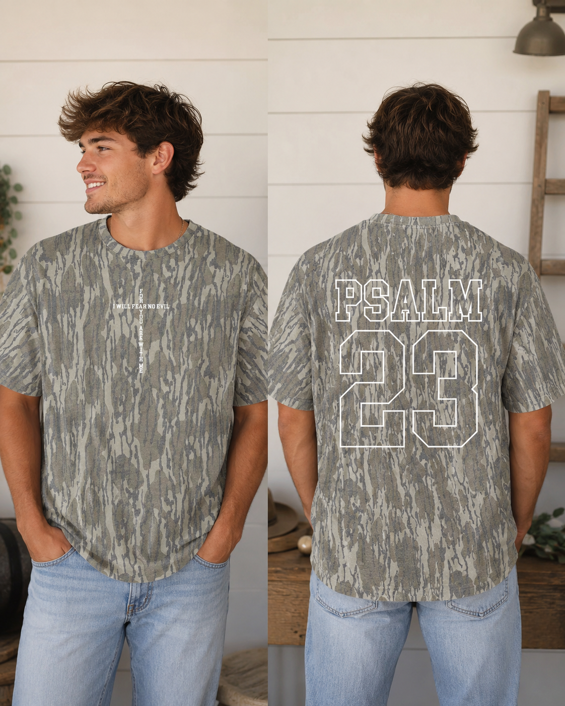 PSALM 23 Verse Front & Back Cross Mossy Oak Camo Graphic Tee ✝️🌿
