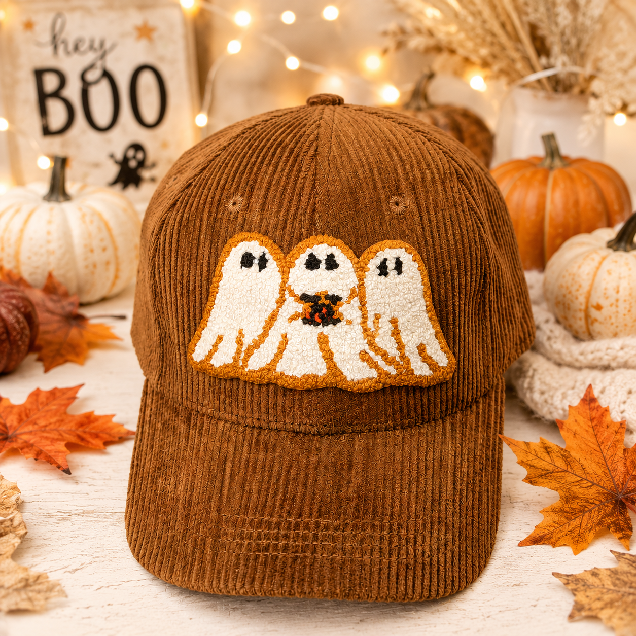 Brown Corduroy Hat With Ghosts Chenille Patch