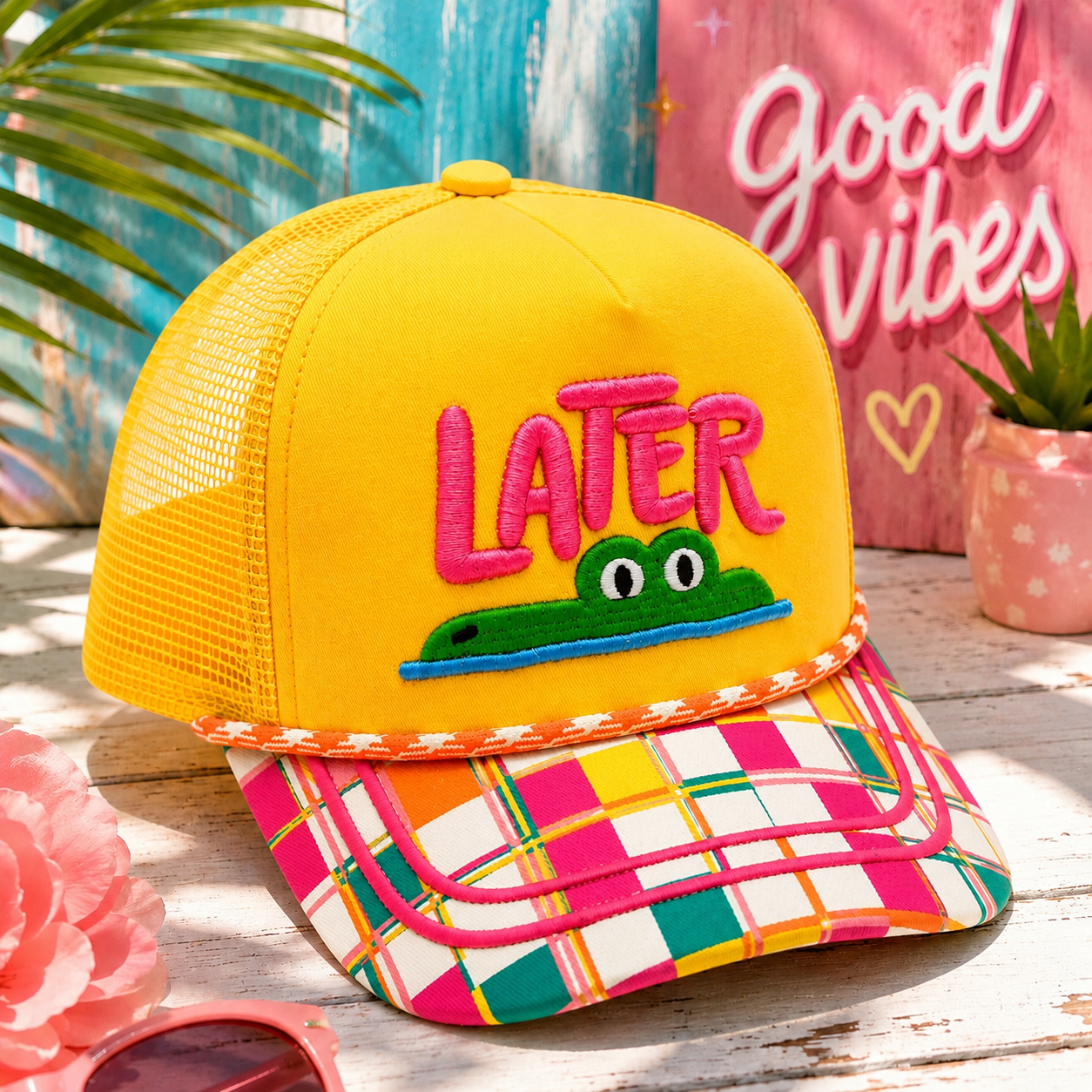 LATER Gator Embroidered Patch Trucker Hat | Yellow Plaid Snapback