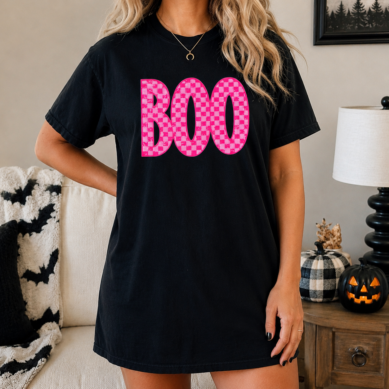 Checkered Pink BOO Patch Crewneck/Tee