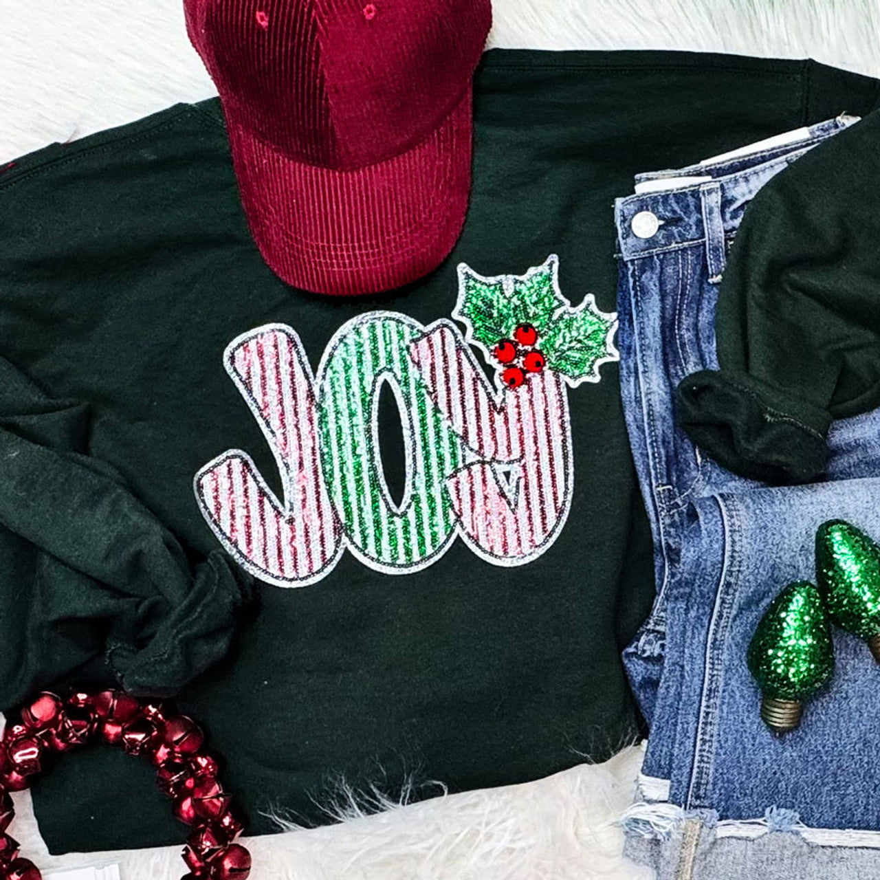 Striped JOY Holly Sequin Sweatshirt