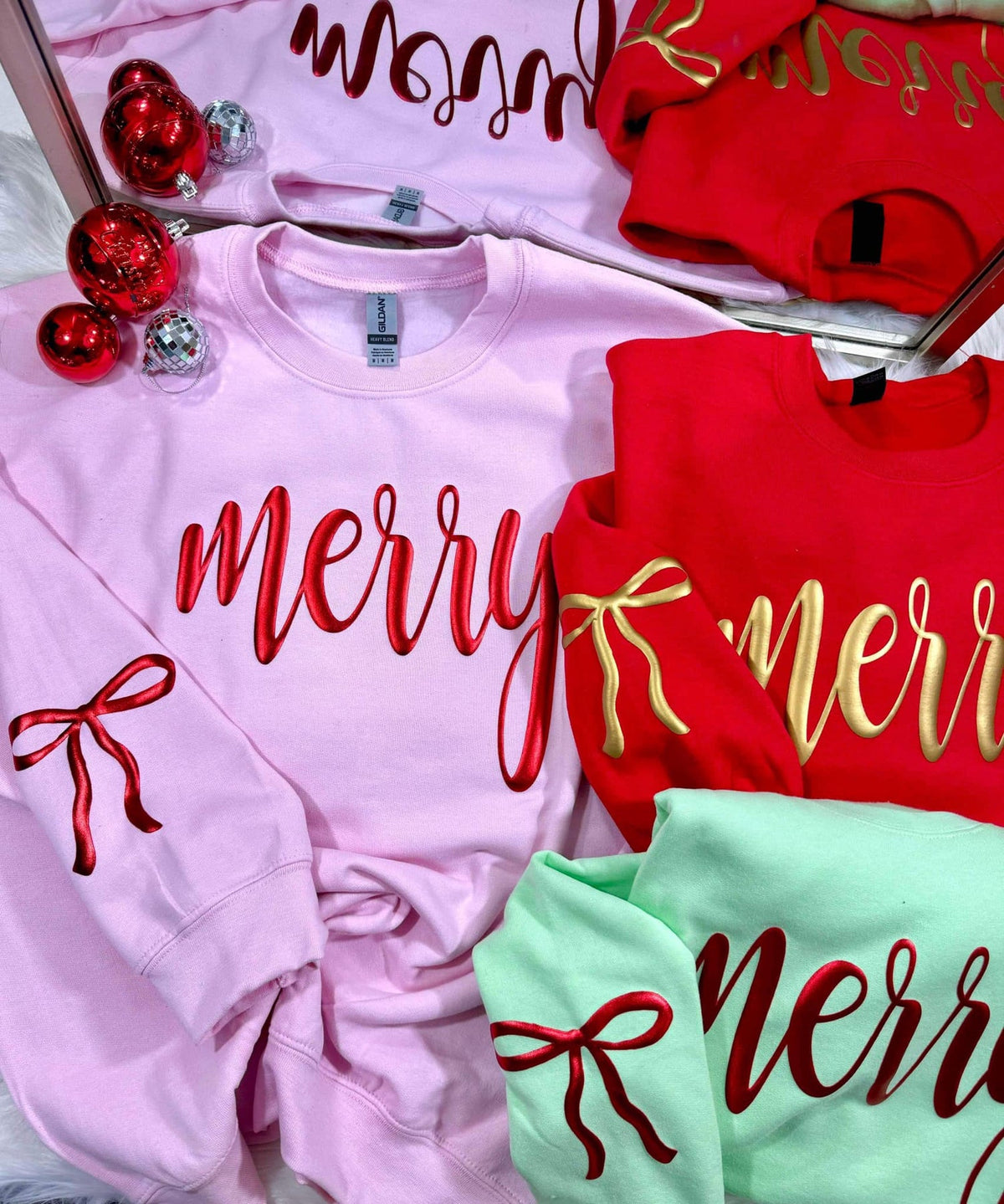 Merry Christmas Sweatshirt | Metallic Puff Bow Sleeve Holiday Crewneck