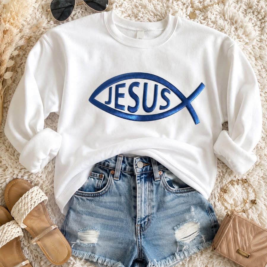 Jesus Fish Metallic Puff Sweatshirt