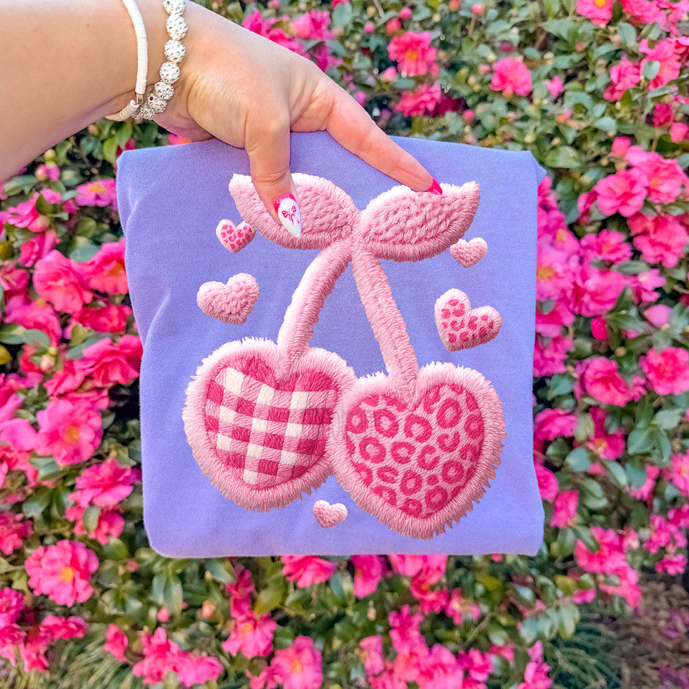Faux Yarn Pink Pattern Heart Cherries Tee