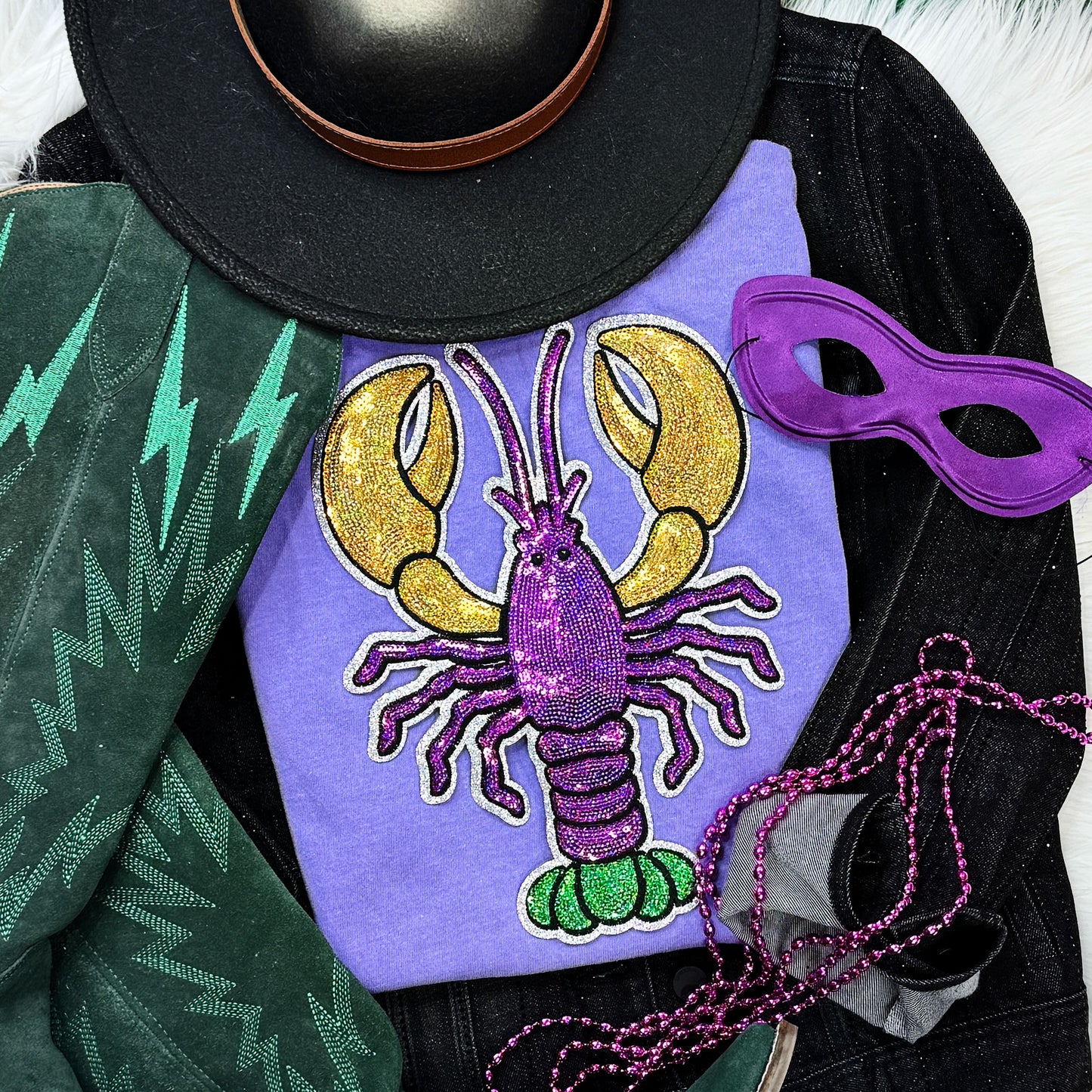 Mardi Gras Crawfish Sequin Patch Tee