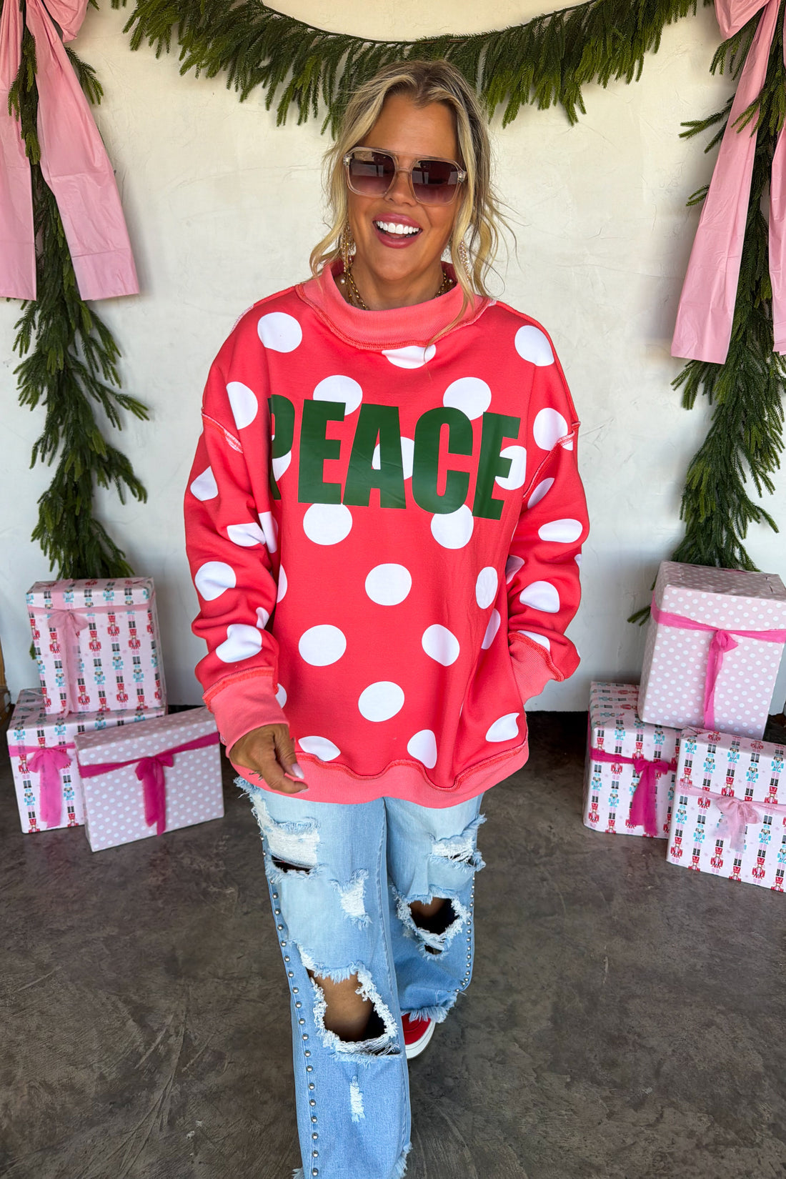 PREORDER- PEACE & POLKA DOT MOCK NECK PULLOVER