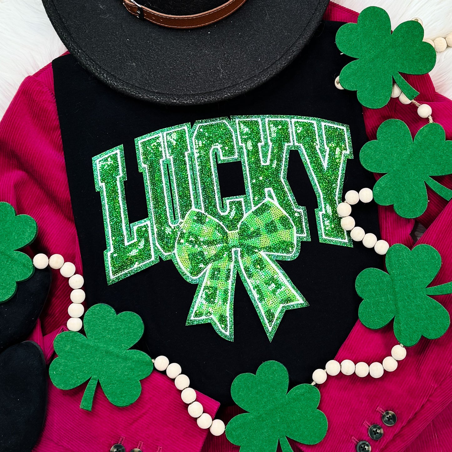 Lucky with Bow Sequin Patch Tee