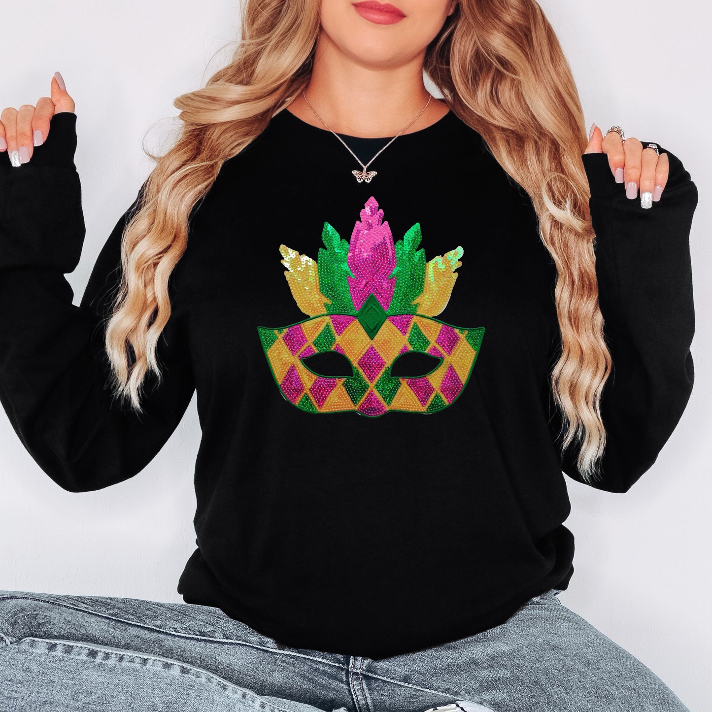 Mardi Gras Mask Sequin Patch Long Sleeve Tee