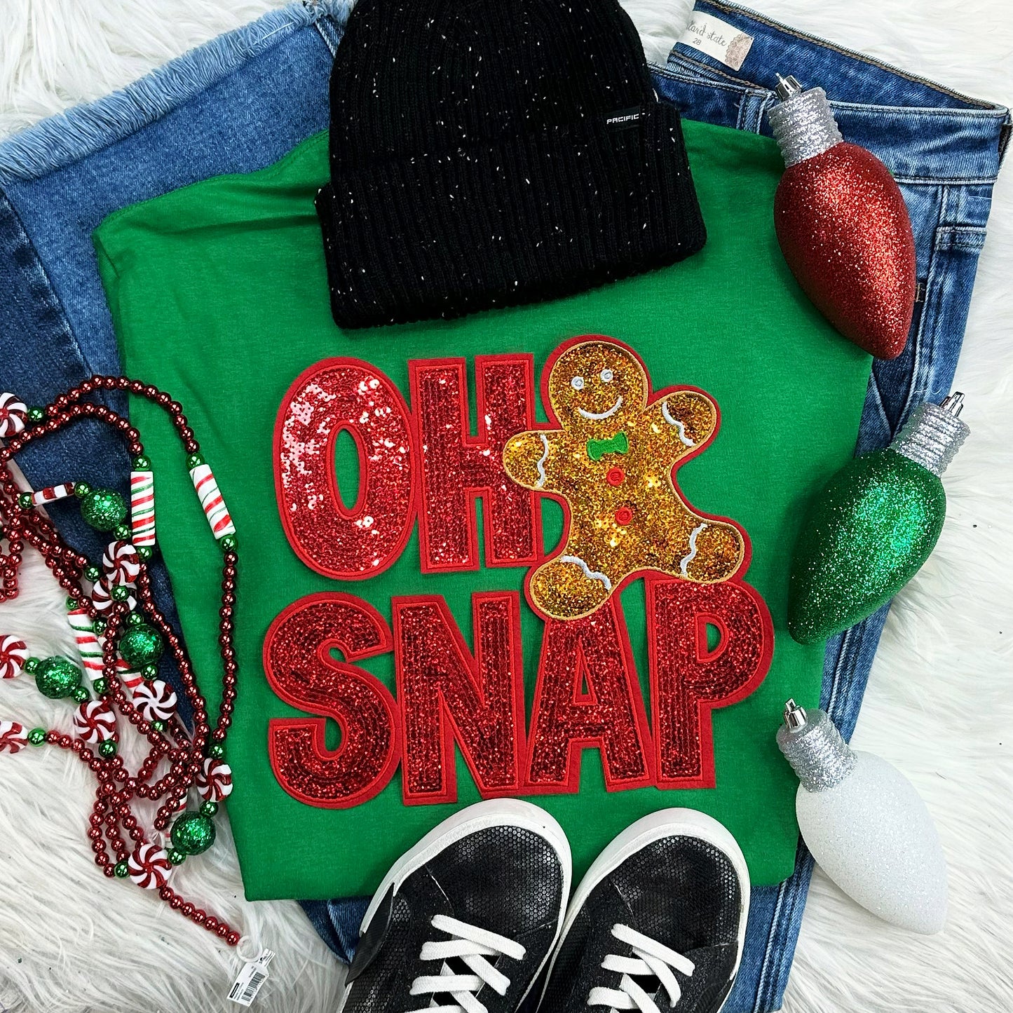 Oh Snap Sequin Patch Green Tee
