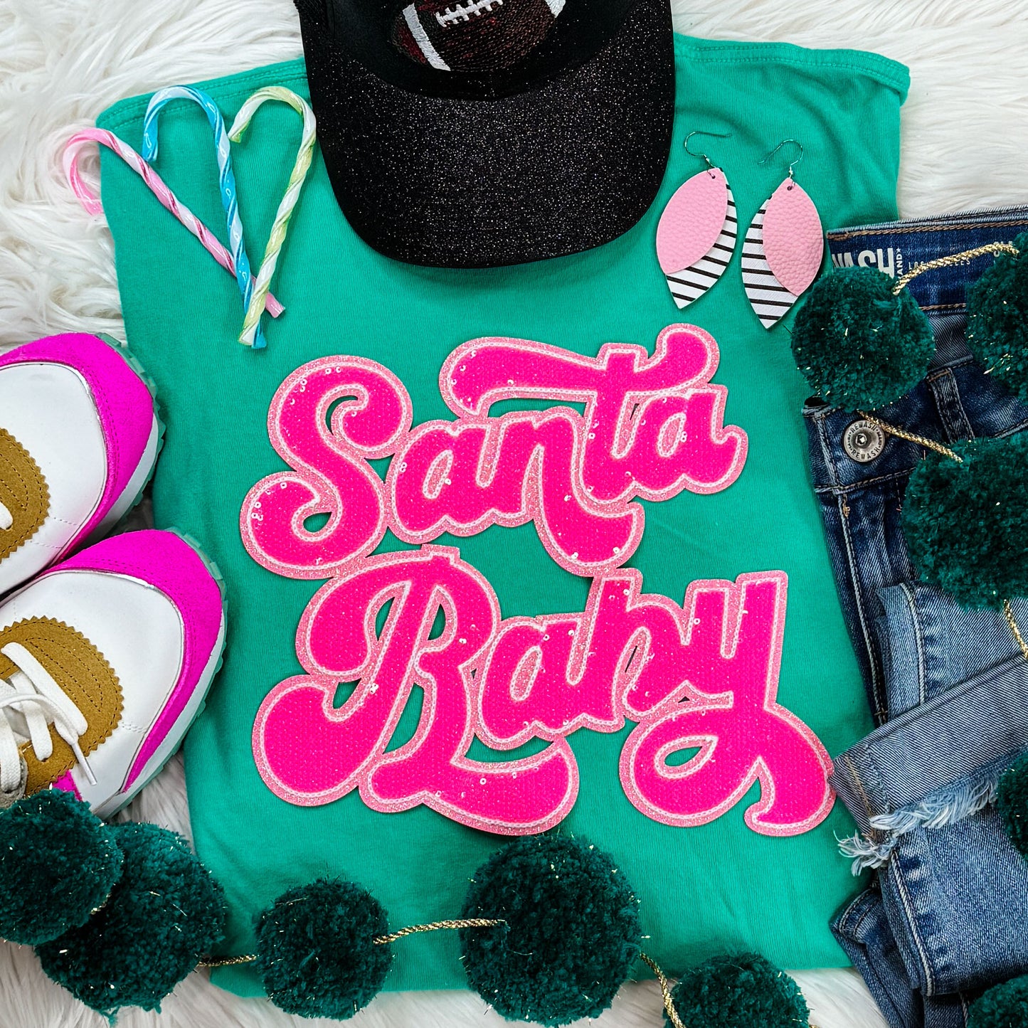 Santa Baby Sequin Patch Island Green Tee