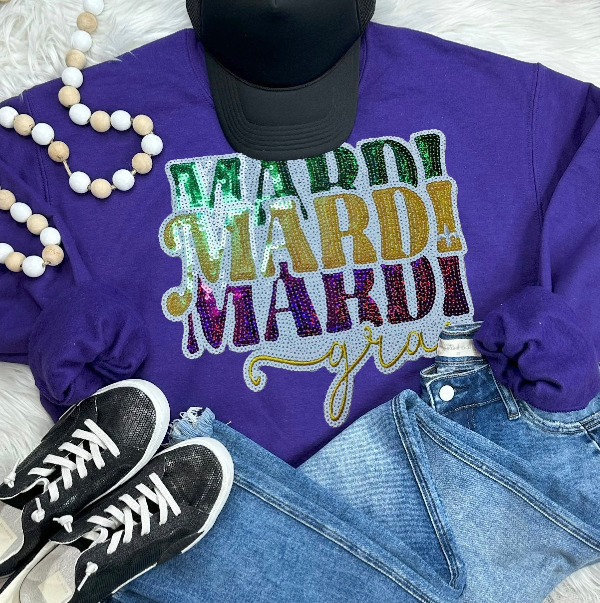 Mardi Gras Words Sequin Patch Purple Sweatshirt