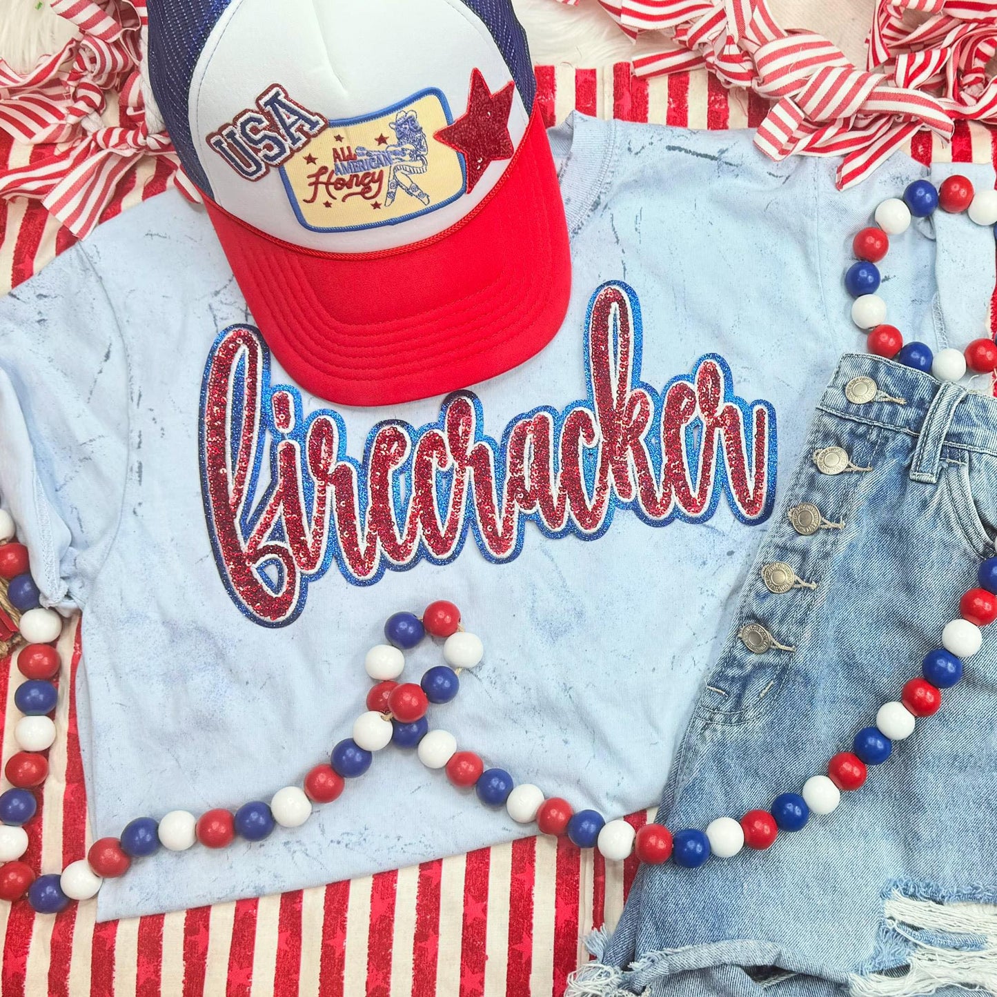 Firecracker Sequin Patch Ocean Pigment Dyed Tee
