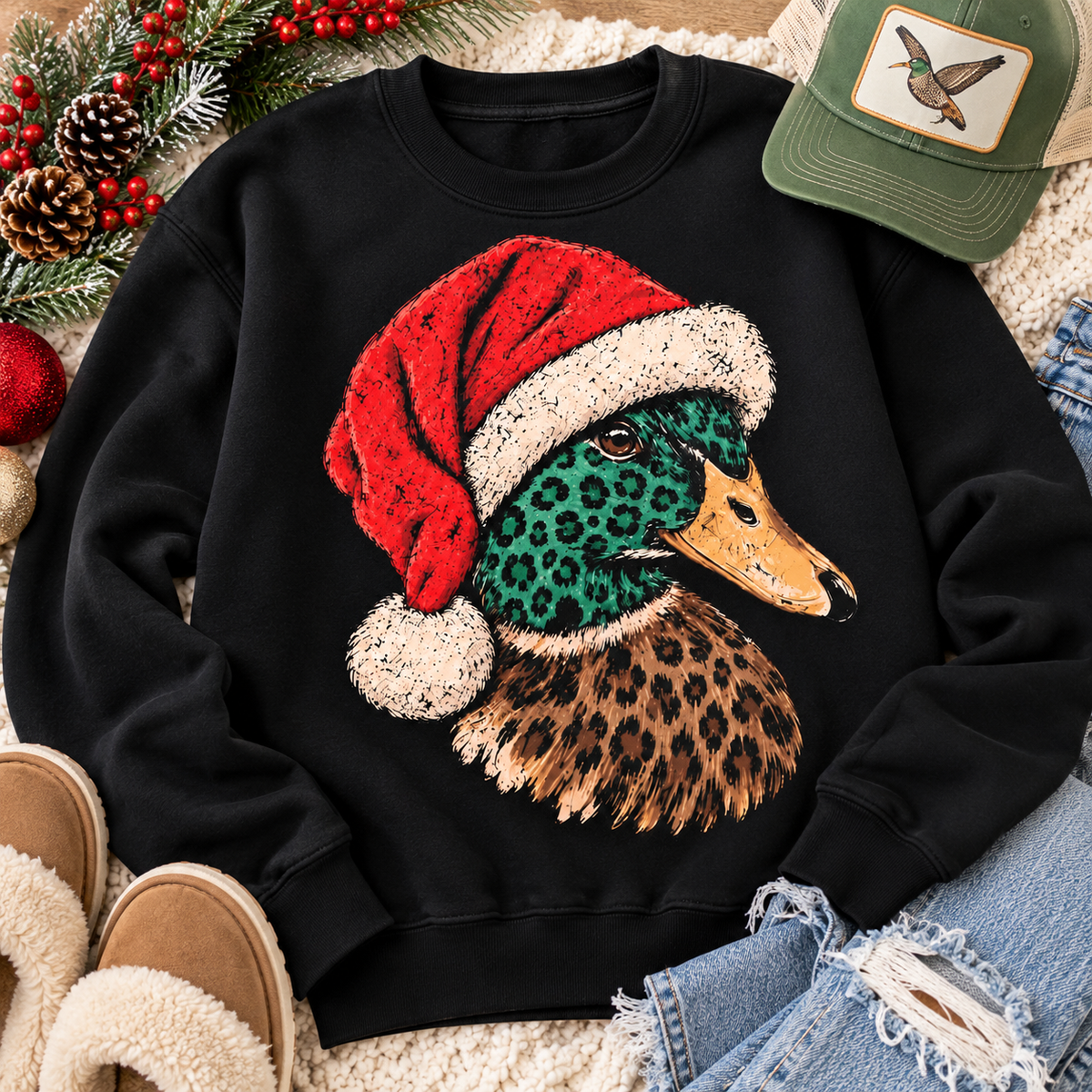 Leopard Santa Duck Christmas Fleece Sweatshirt