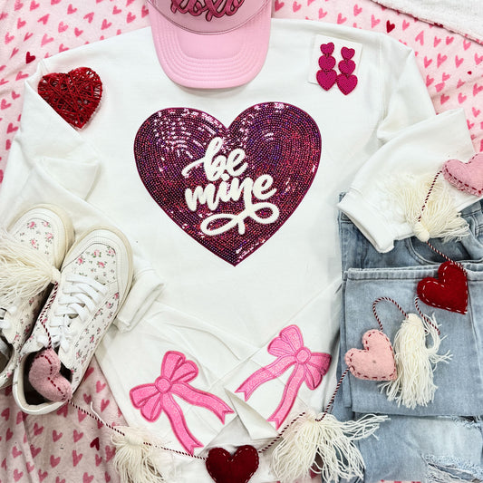 Be Mine Sequin Heart Patch With Side Bows White Sweatshirt