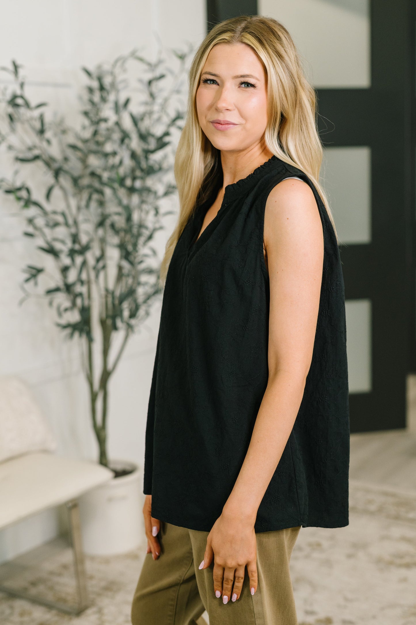 Camellia Split Neck Embroidered Tank in Black