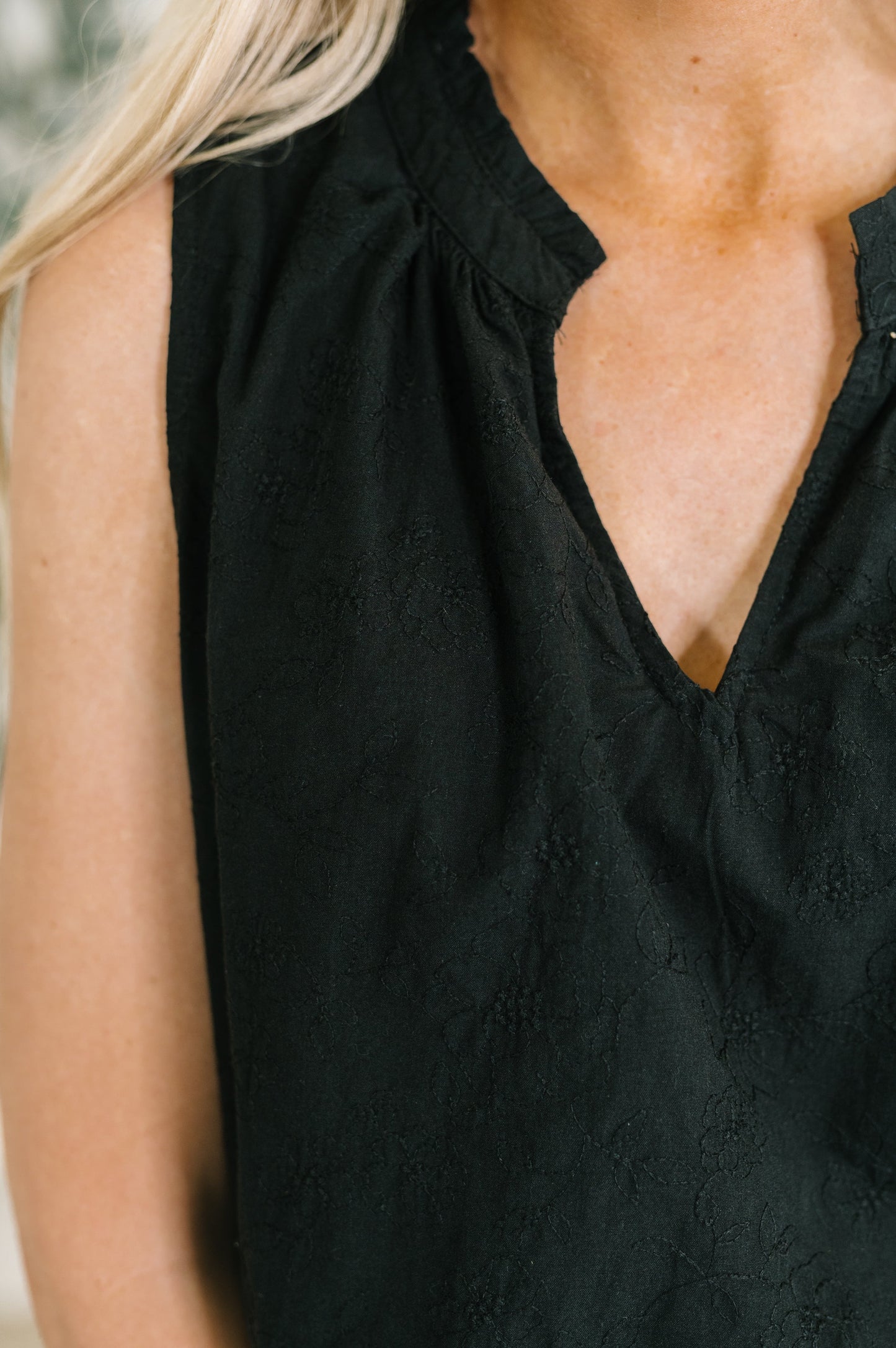 Camellia Split Neck Embroidered Tank in Black