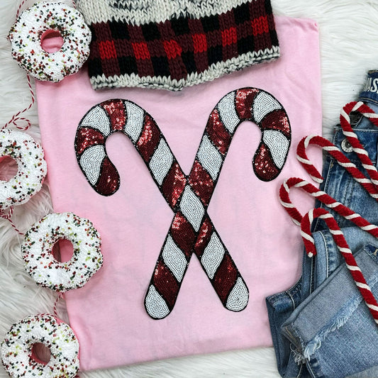 Sequin Candy Cane Christmas T-Shirt | Real Patch Holiday Tee
