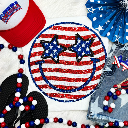 Faux Sequins Stars & Stripes Happy Face Tee