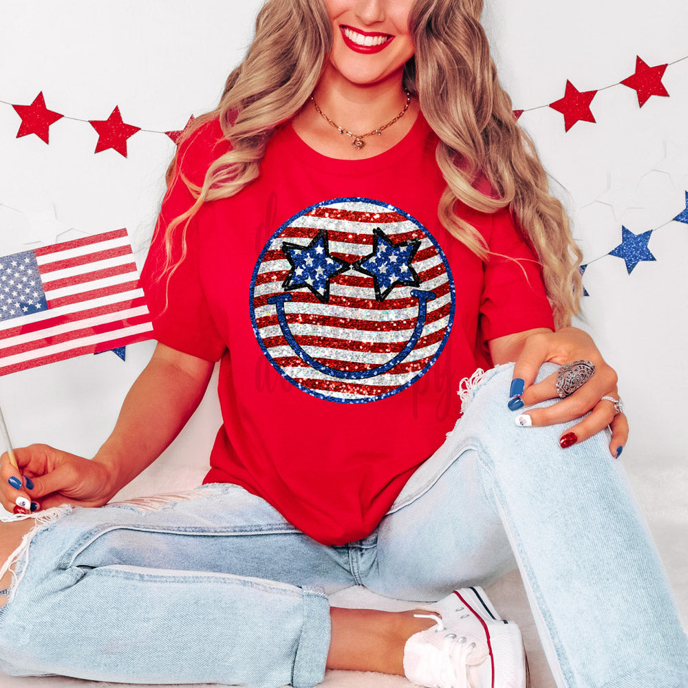 Faux Sequins Stars & Stripes Happy Face Tee
