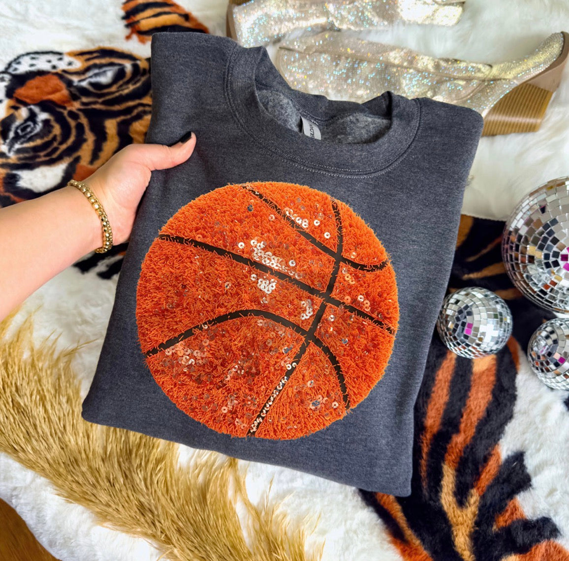 Faux Yarn And Sequin Basketball Sweatshirt