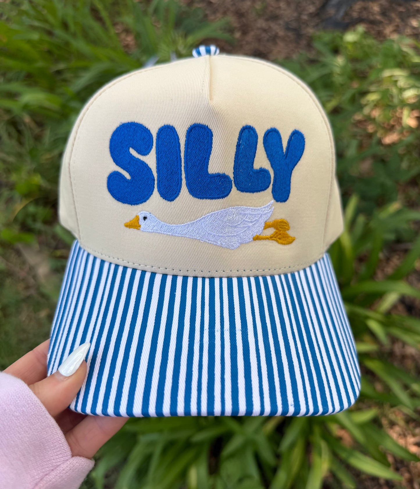 Silly Goose Embroidered Striped Trucker Hat