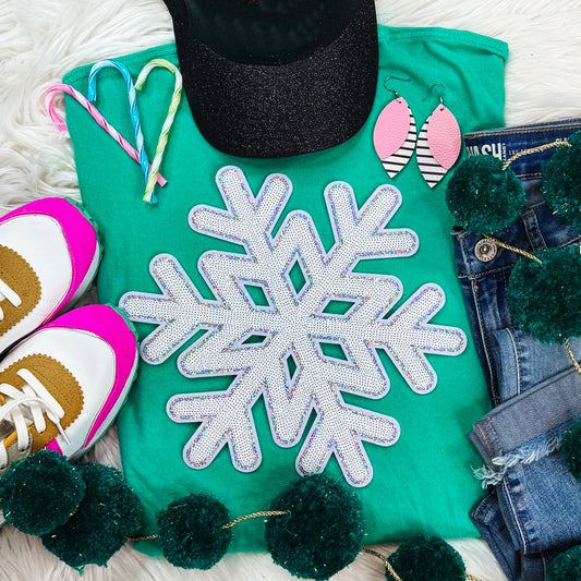Snowflake Sequin Patch Christmas Tee | Island Green Holiday Shirt