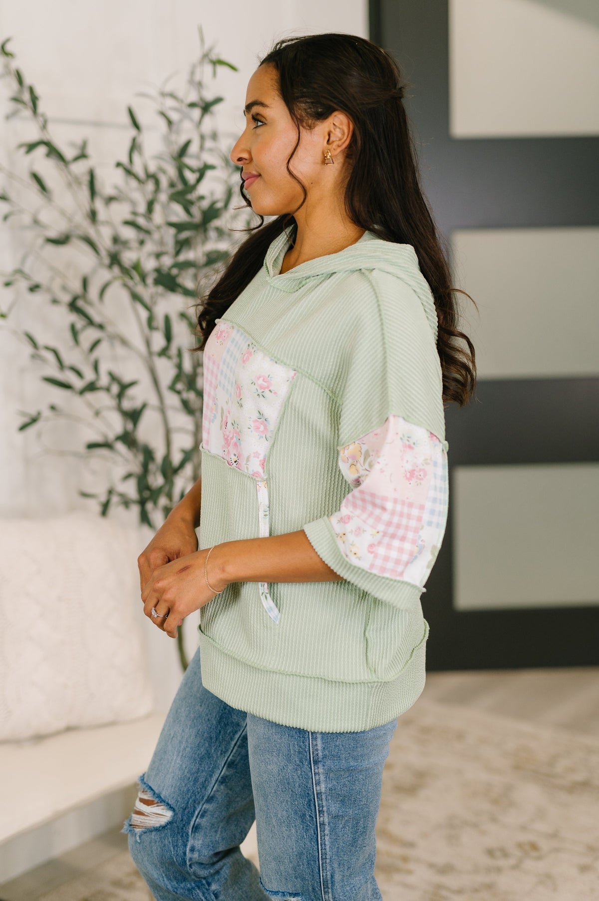 Get My Fixin' Cable Ribbed Knit Hooded Top