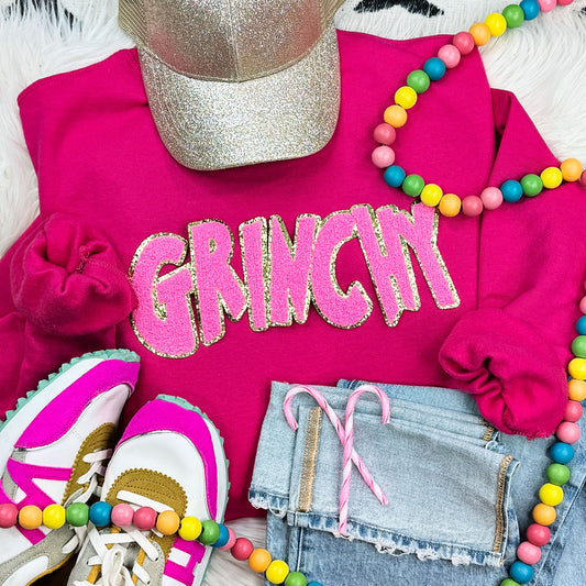 Festive Pink Chenille Patch Christmas Crewneck