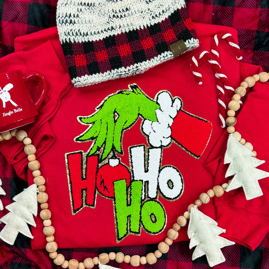 HOHOHO Green Guy Hand Chenille Patch | Crewneck Sweatshirt