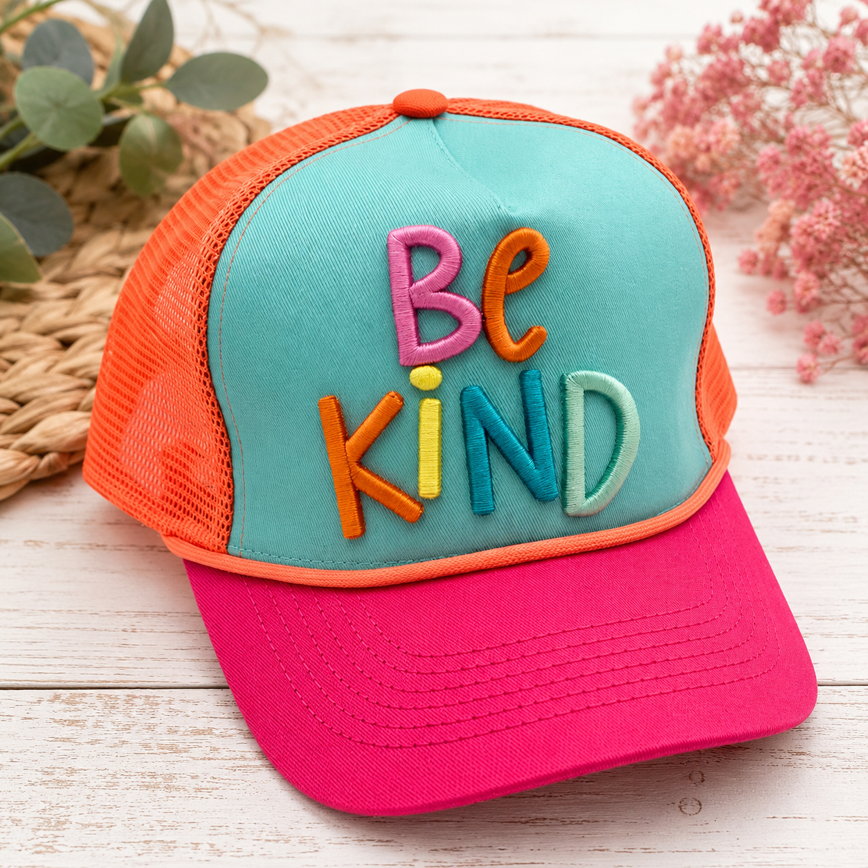 Be Kind Aqua, Coral & Hot Pink Trucker Hat