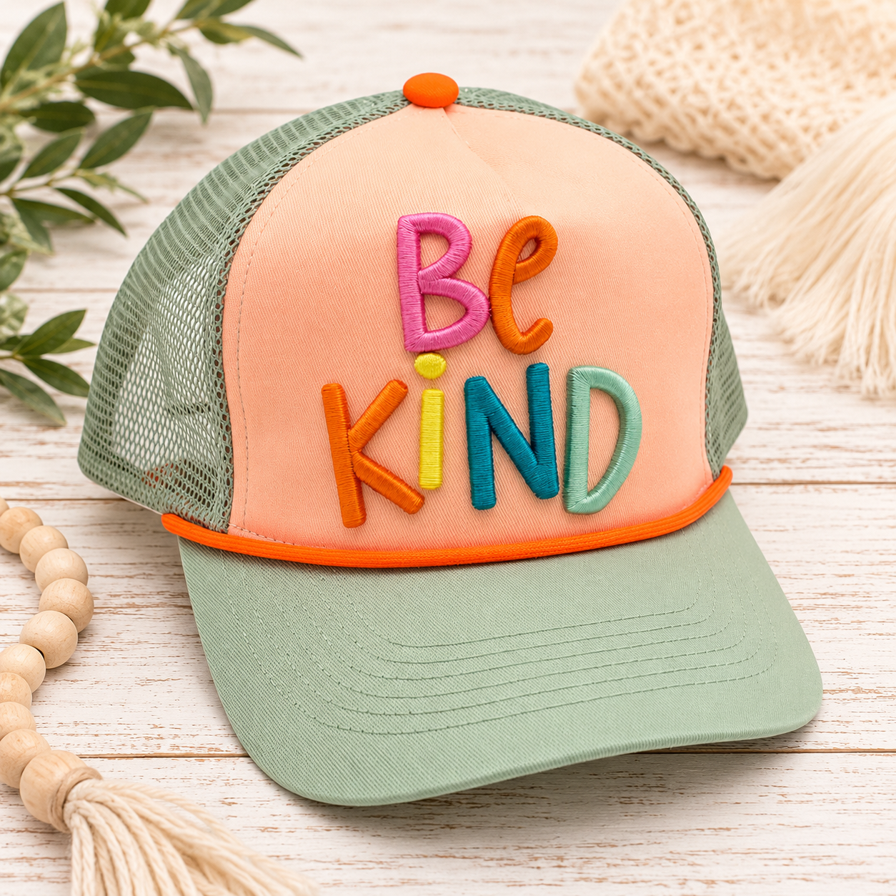 Be Kind Trucker Hat – Peach & Sage
