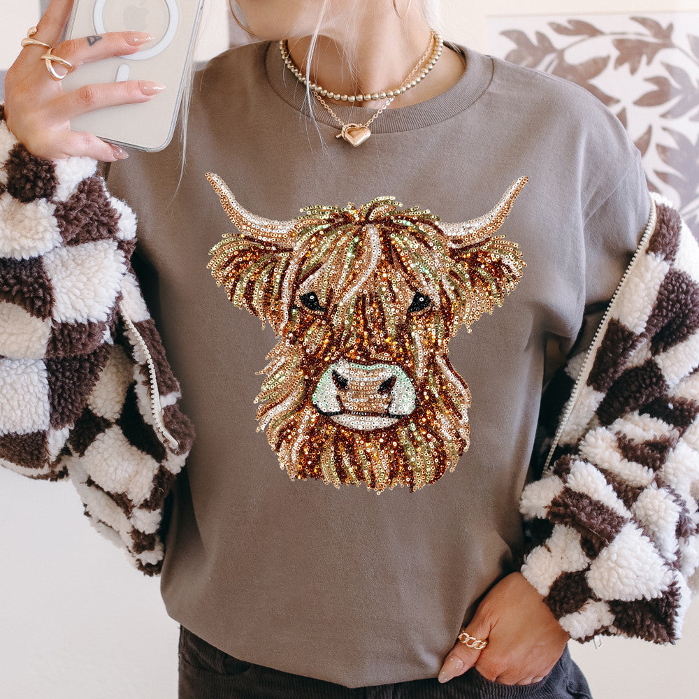 Faux Sequin Highland Cow Tee