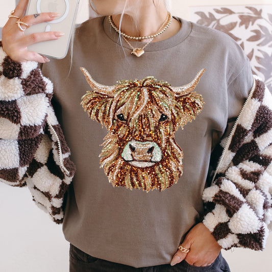 Faux Sequin Highland Cow Tee