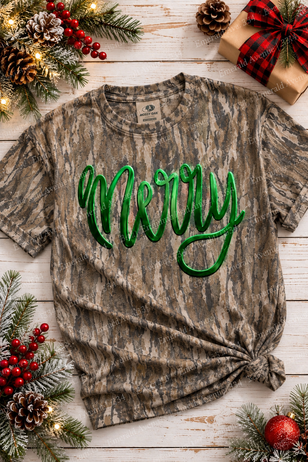 Merry Metallic Puff Mossy Oak Tee | Authentic Bottomland Christmas Tee