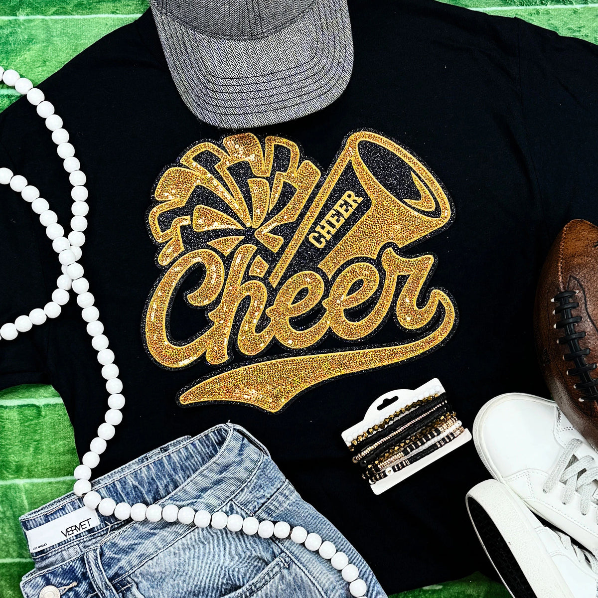 Cheer Pom + Megaphone Sequin Patch Tee | Black/Gold or Black/Silver