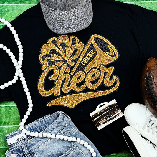 Cheer Pom + Megaphone Sequin Patch Tee | Black/Gold or Black/Silver