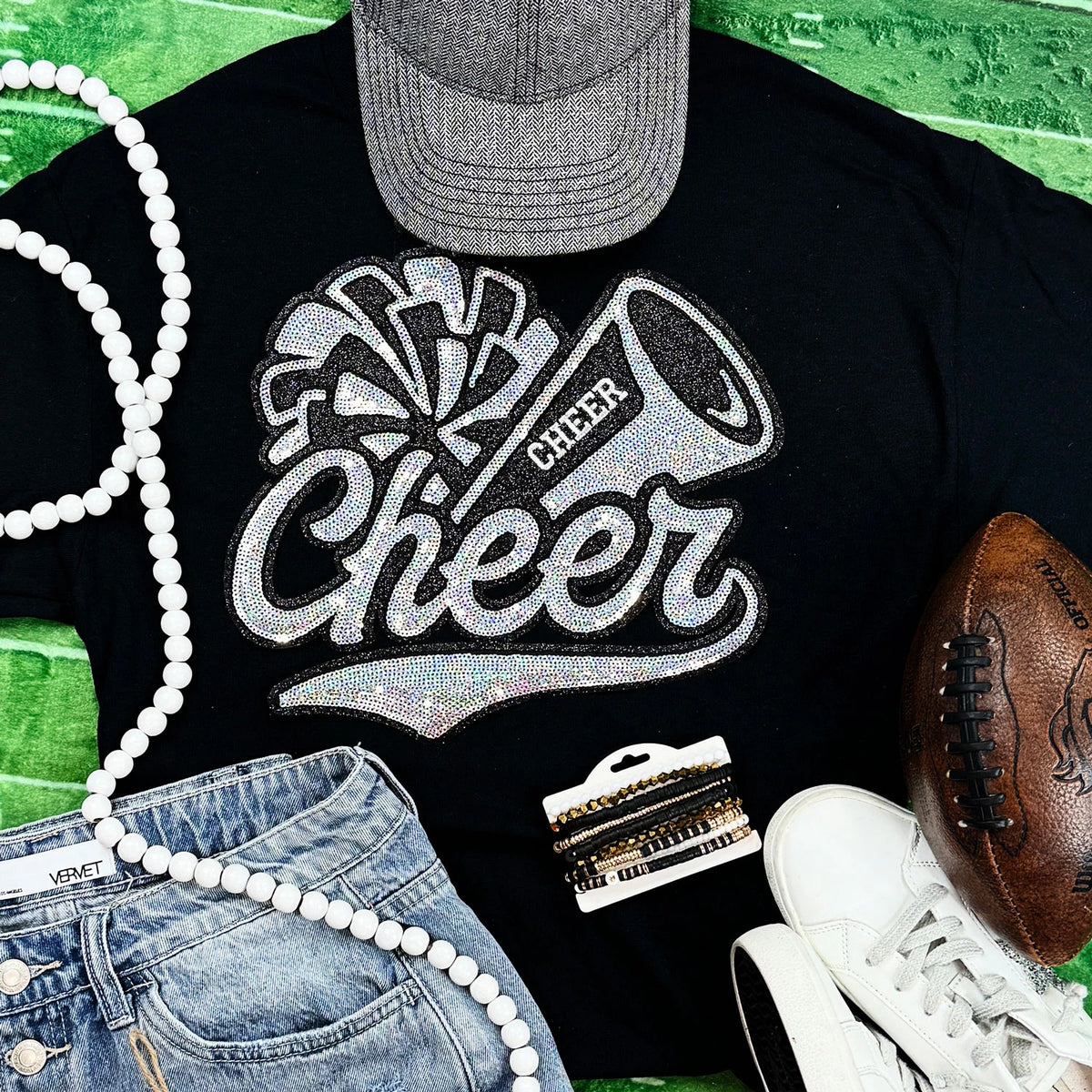 Cheer Pom + Megaphone Sequin Patch Tee | Black/Gold or Black/Silver