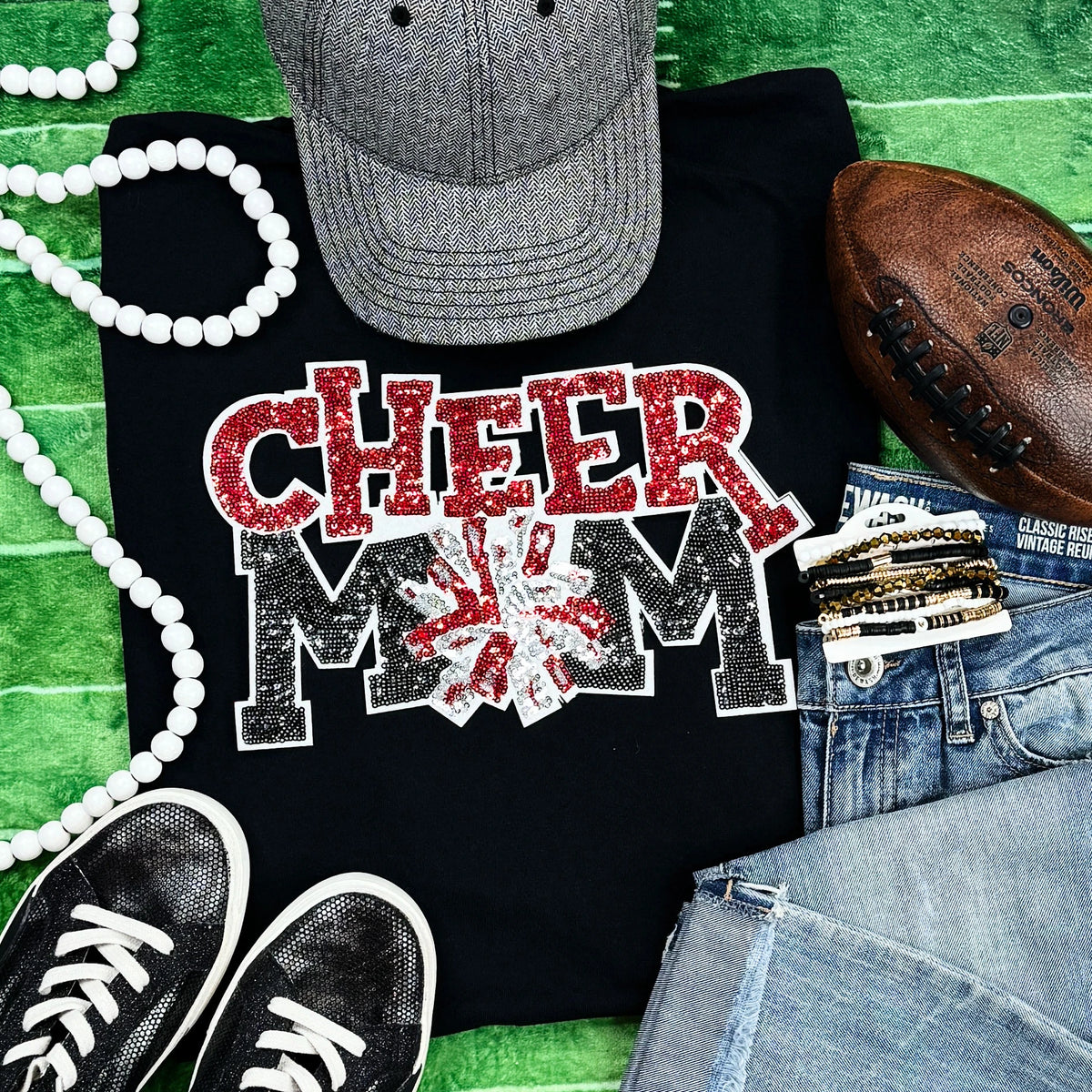 Cheer Mom Sequin Patch Tee | Multiple Team Colors