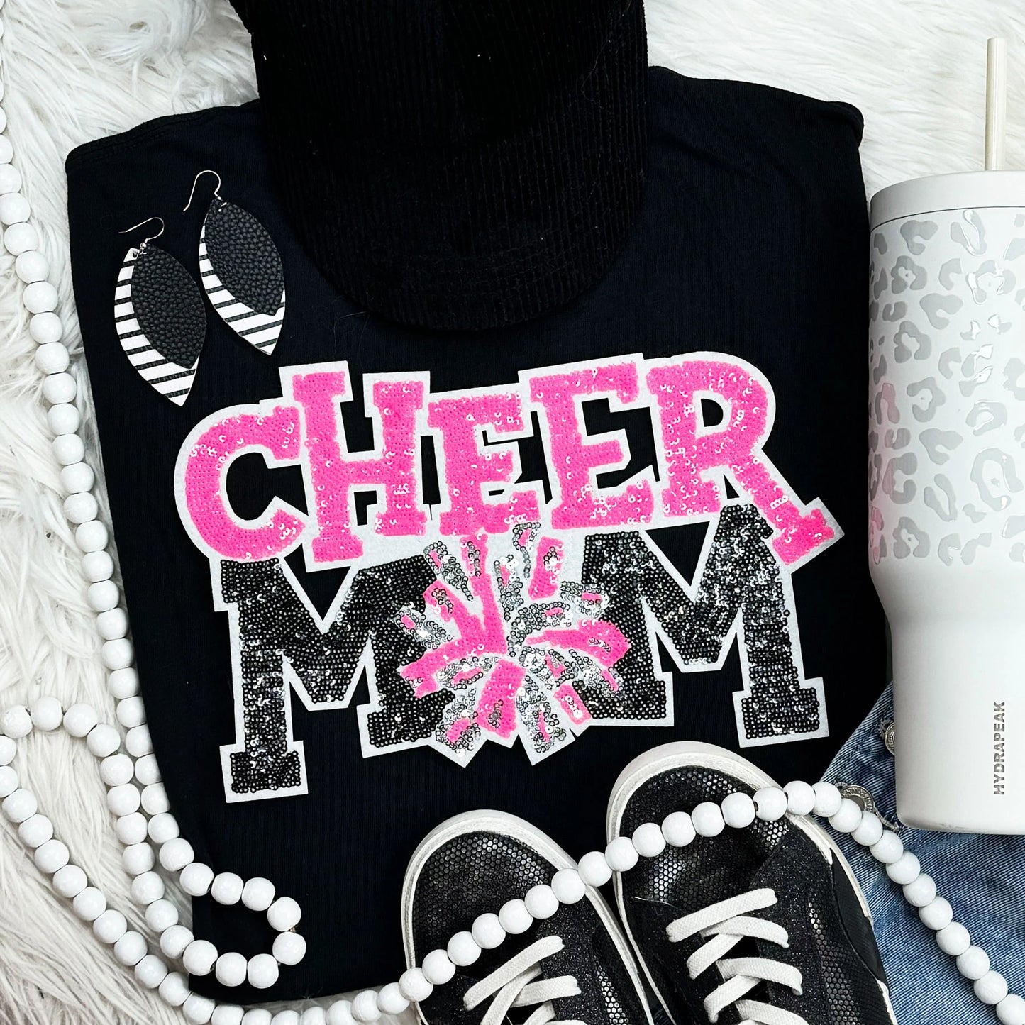 Cheer Mom Sequin Patch Tee | Multiple Team Colors