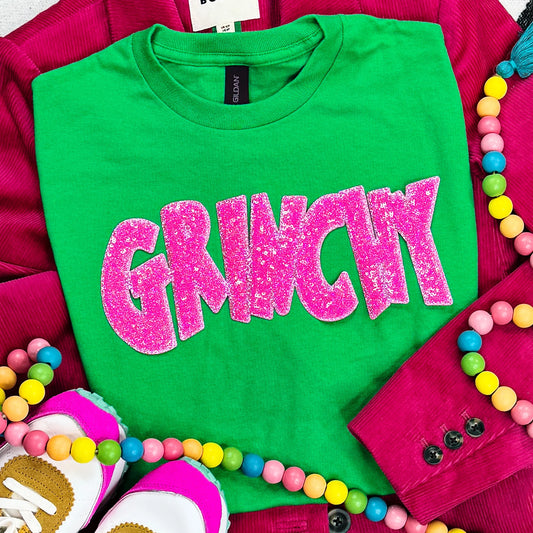 Pink Sequin Patch Christmas Tee | Green Holiday T-Shirt | Adult & Youth Sizes